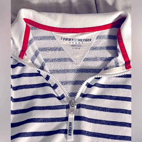 Tommy Hilfiger Sport Striped Blue and White 1/4 Zip Pullover Large - Picture 5 of 12